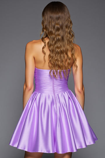 Purple A Line Ruffled Strapless Homecoming Dress With 3D Flowers